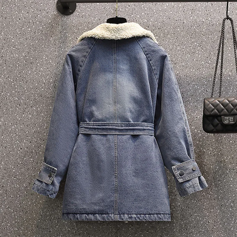 Women's Cotton-Padded Lamb Wool Thick Denim Coat, Cold Warm Basic Coats, Female Casual Windproof Motorcycle Jackets, Belt, New,