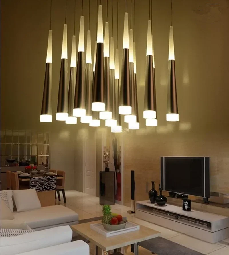 Home Square/Round Base Aluminum Taper Chandelier Light Dining Room Kitchen Mission Gold Silver Body LED Cone Lamp