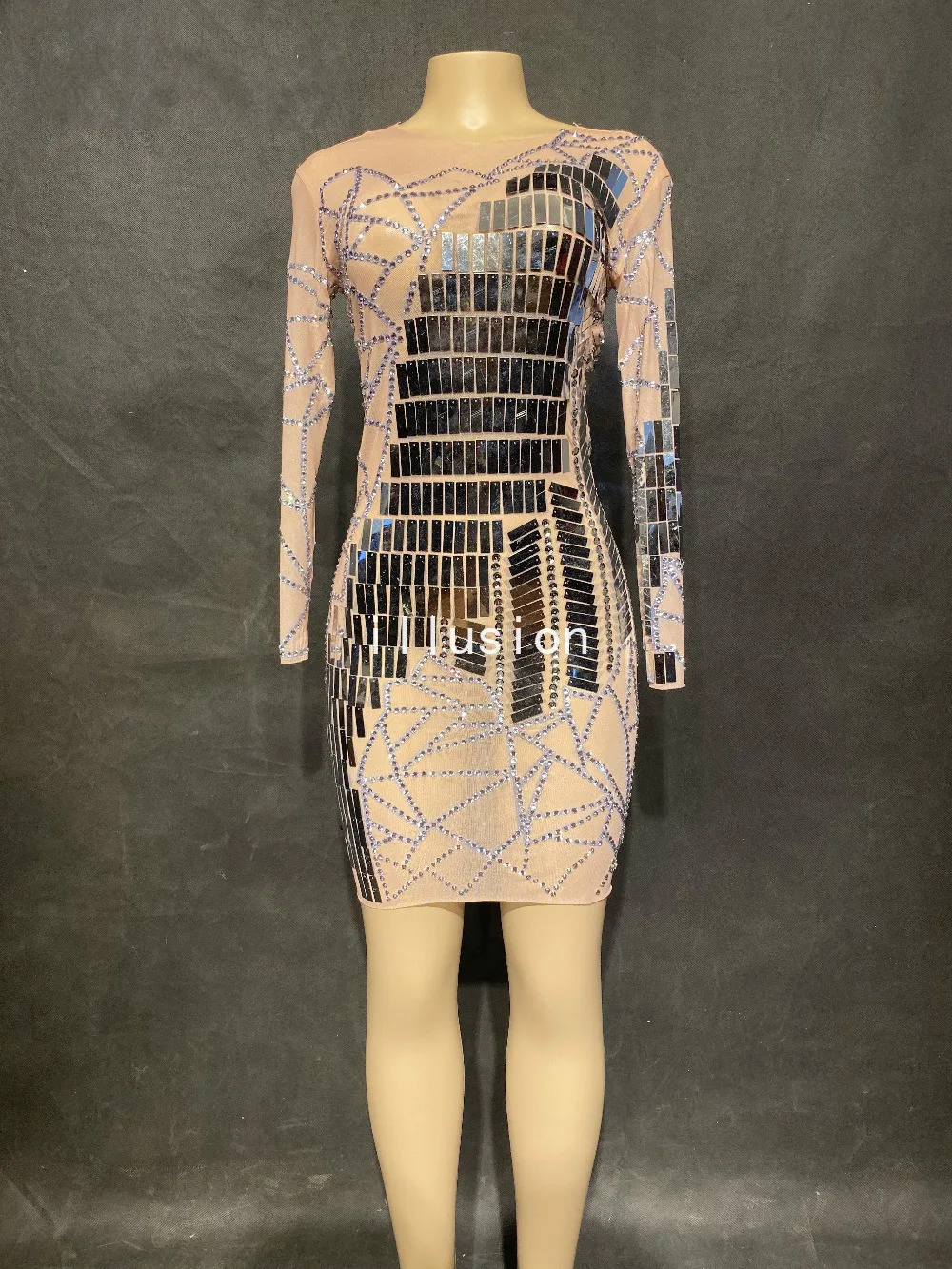Seksowne świecące cyrkonie srebrne lustra sukienka siatkowa prześwitująca sukienka damska impreza urodzinowa świętuj sukienka kostium taneczny dla piosenkarza