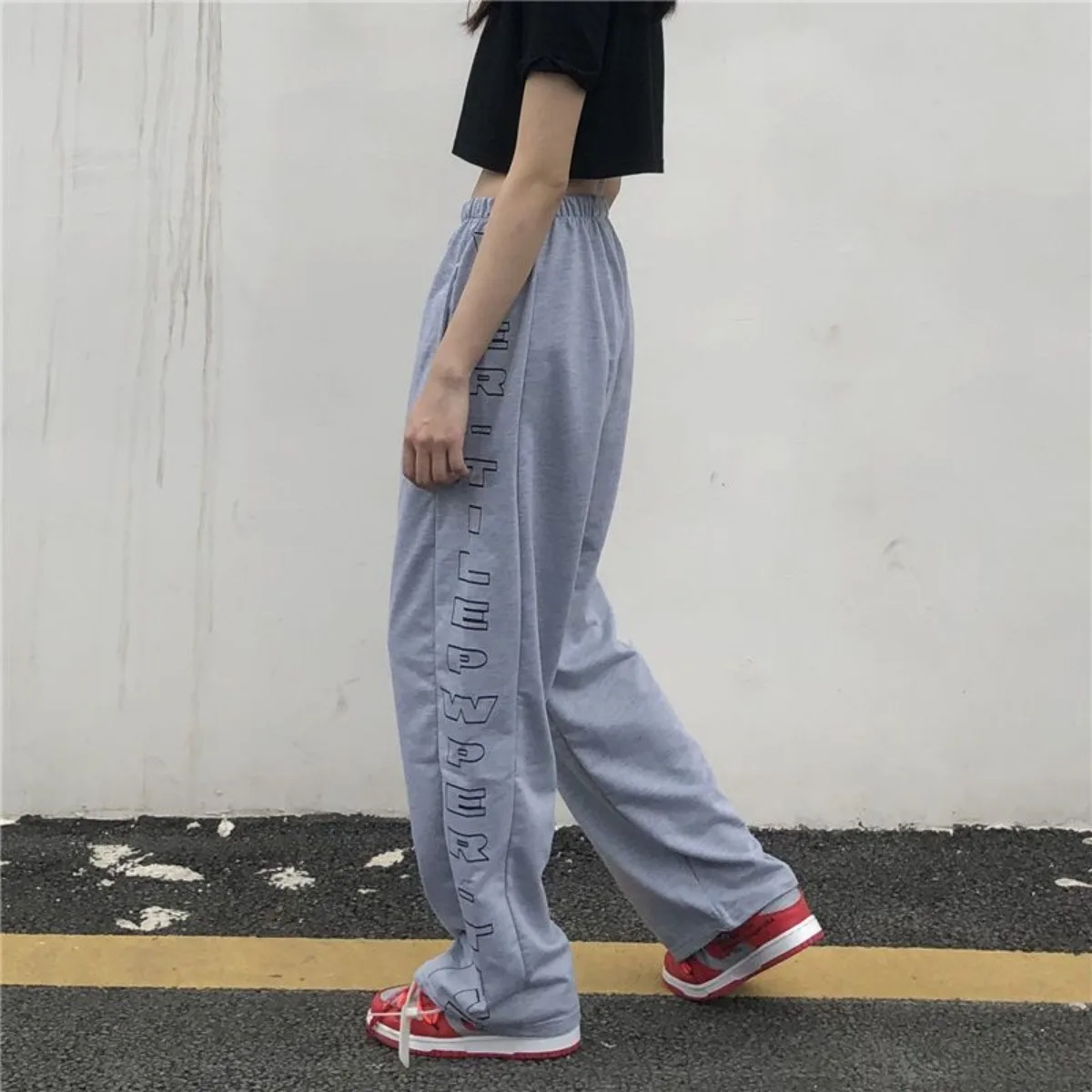

Spring and Summer Thin Fashion Women's New Retro Gray Letter Print Loose Straight Sports Casual Wide Leg Long Pants Trend