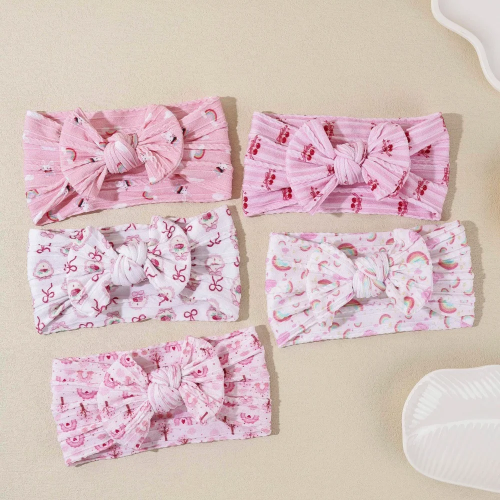25 PCS/Lot, Sweet Floral Printed Cable Knit Nylon Headbands Knot Bow Turban Headwrap For Baby Newborn Hair Accessories