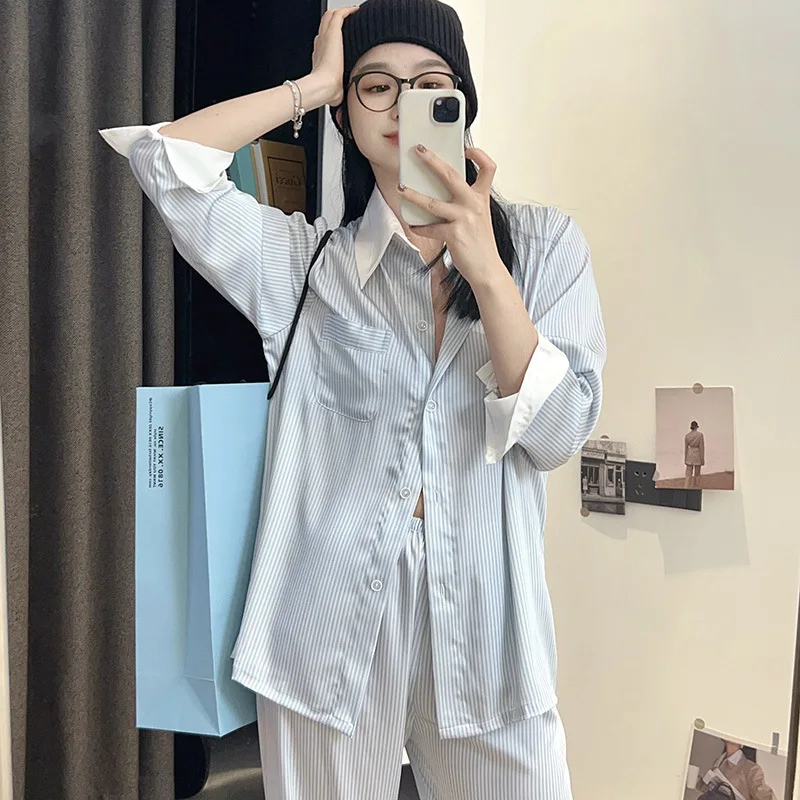 Turn-down Collar Long Sleeved Top and Pants Two Piece Set Printed Pajamas Spring Thin Ice Silk Pajamas Home Clothing for Women