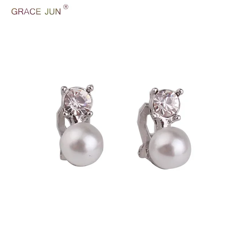 GRACE JUN New Arrival Rhinestone Simulated Pearl Clip Earrings for Women Party Fashion Cute No Pierced Earring Factory Wholesale
