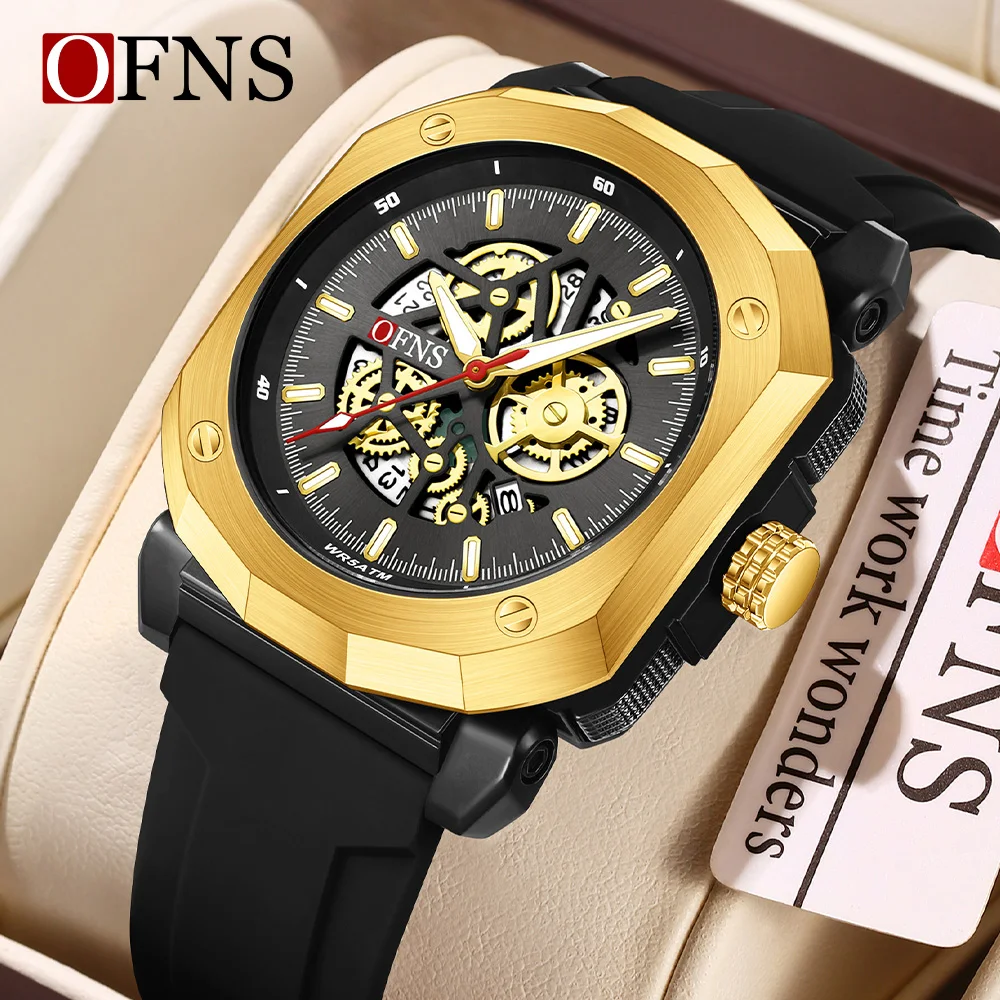 OFNS nuevo 8042 reloj de cuarzo de moda para hombres ahueca hacia fuera el reloj de cuarzo multifuncional impermeable con calendario y luz nocturna para hombres