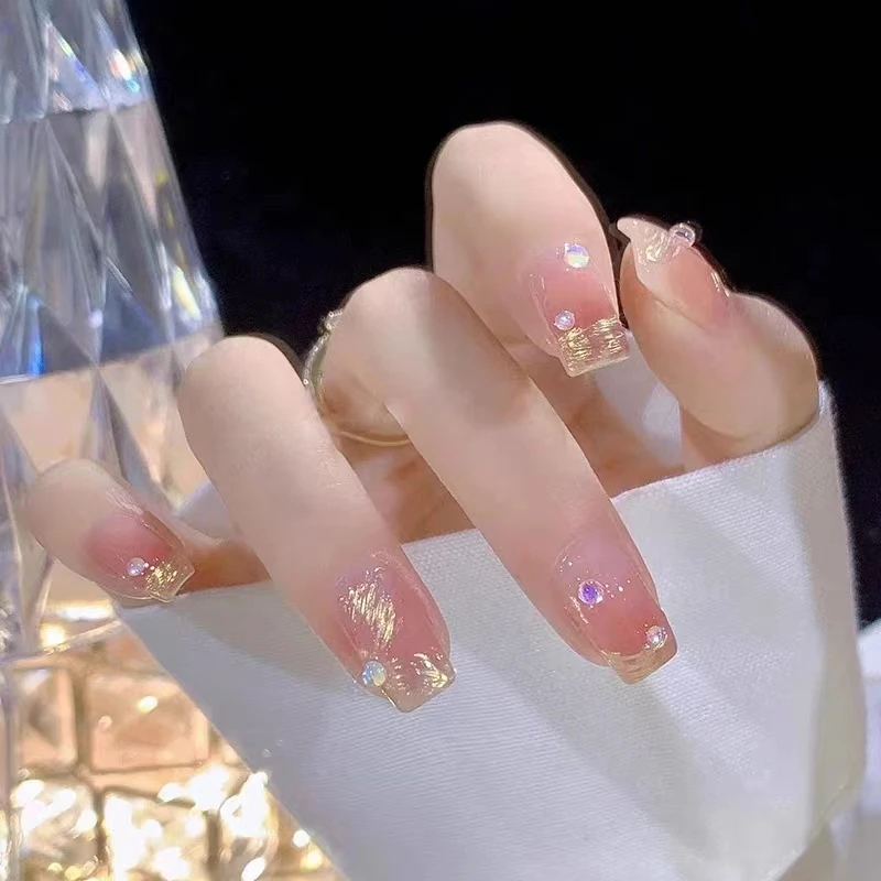 Handmade Pink Nails Full coverage Professional Nails Nail heart Fake nails Japanese wearable artificial design streamer beads