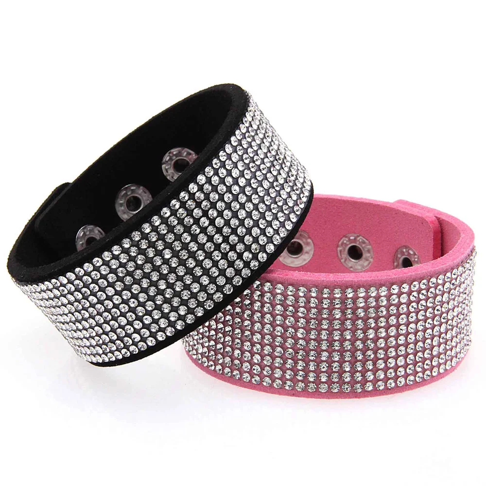 Fashion Night Club Style Sparkling Rhinestone Pu Leather Wide Bracelet Bangle for Women Jewelry Hidden Buckle Wristband Bracelet