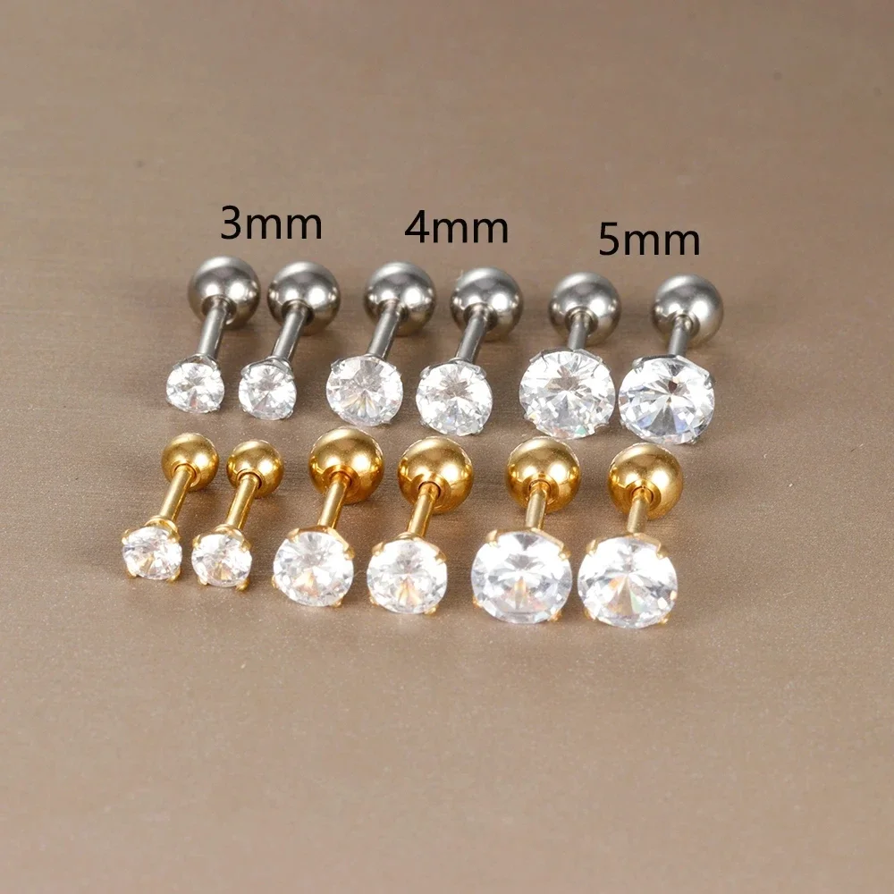 2PC Stainless Steel 3/4/5/6mm Zircon Piercing Studs Earrings For Women/Men 4 Prong Tragus Cartilage Standard Lobe Daith Jewelry