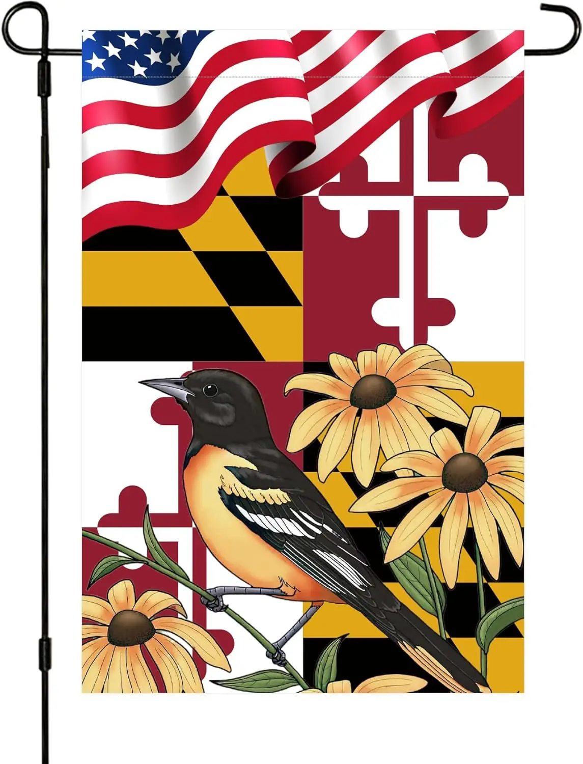 Maryland State Garden Flags 12x18 Inch Double Sided Heavy Duty Maryland Black-eyed Susan Flower and Baltimore Oriole Bird Banner