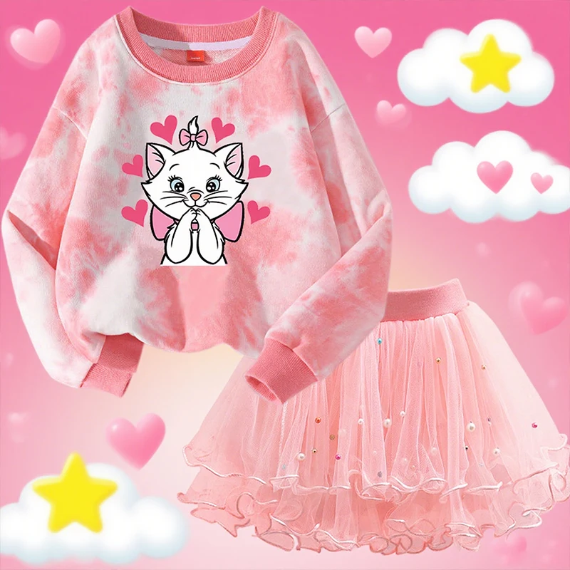 Marie Cat Girl Dress T-shirt Tutu Skirt 2pc/Set Outfit Tulle Dress Suit Birthday Party Costume Kid Long Sleeved Autumn clothes