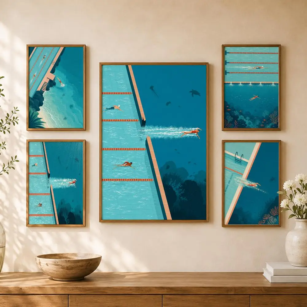 Aerial Swimming Pool Divers Turquoise Summer Geometric Scenes Poster Home Room Bar Cafe Club Decor Aesthetic Art Wall Painting