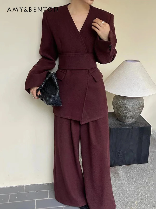 

European American Retro OL Simple Fashion High Sense Slim Blazer Straight Pants Two-piece Sets Womens Outfits 2025 Spring New