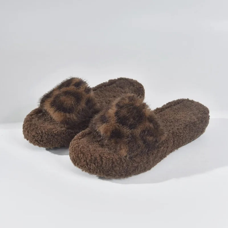 

Leopard Women Fur Slippers Flats Short Plush Shoes Fashion 2025 Winter Slingback Flip Flops Casual Home Cotton Slides Zapatillas