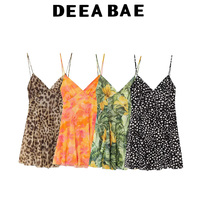 DEEABAE Summer New Sweet And Spicy Leopard Print Silk Mesh V-neck Backless Camisole Dress For Women