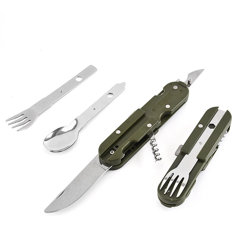 Stainless Steel Food Grade Cutlery Knife, Fork and Spoon Three-Piece Camping Folding Portable Bottle Opener Outdoor Travel Set