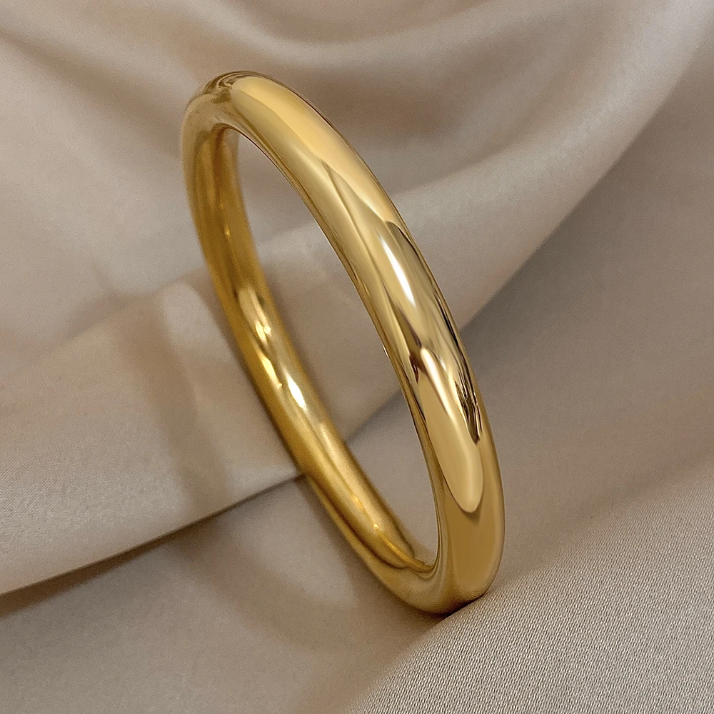 Glossy Solid Color Thick Gold Plated Stainless Steel Bangle for Women Simple Cuff Wirstband Smooth Waterproof Bracelets Jewelry