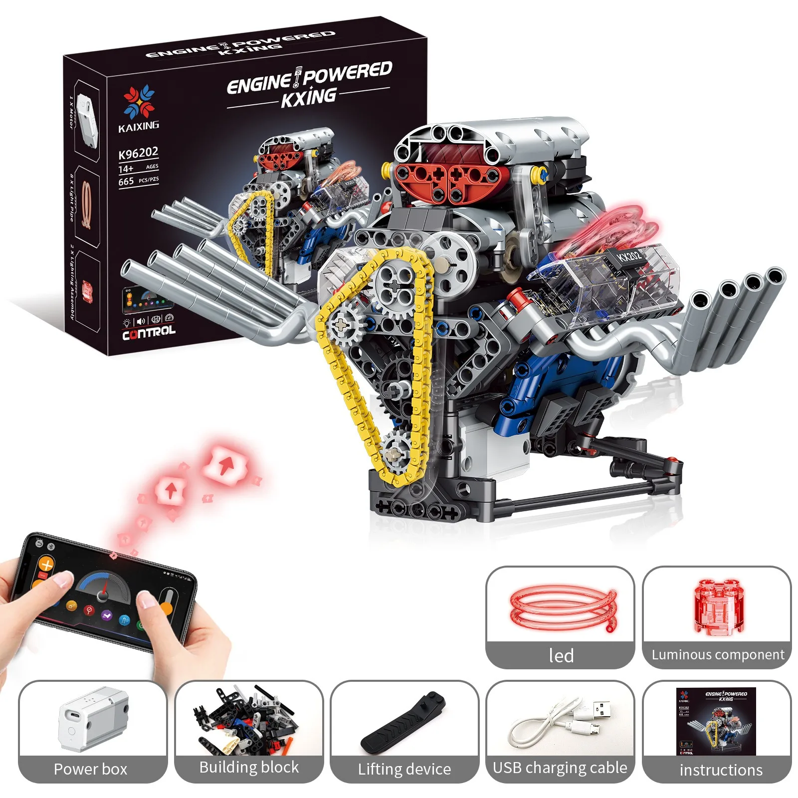 K96202 V8 Motor Model 665pcs Bouwsteen set Micro Deeltje APP Afstandsbediening Kit DIY Speelgoed voor Kerstcadeaus