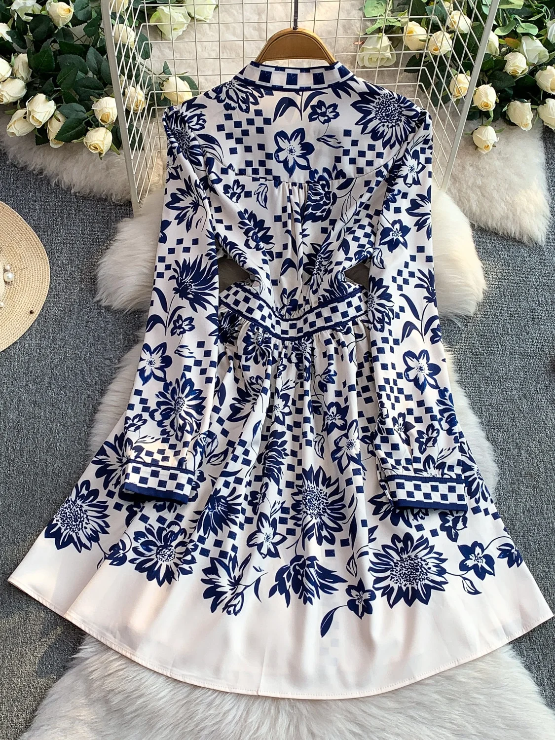 Retro Court Sle Satijnen Print V-Ne Dr Dames Herfst Winter Enkele knop Afslanken A-lijn Midi Dr Hoge taille