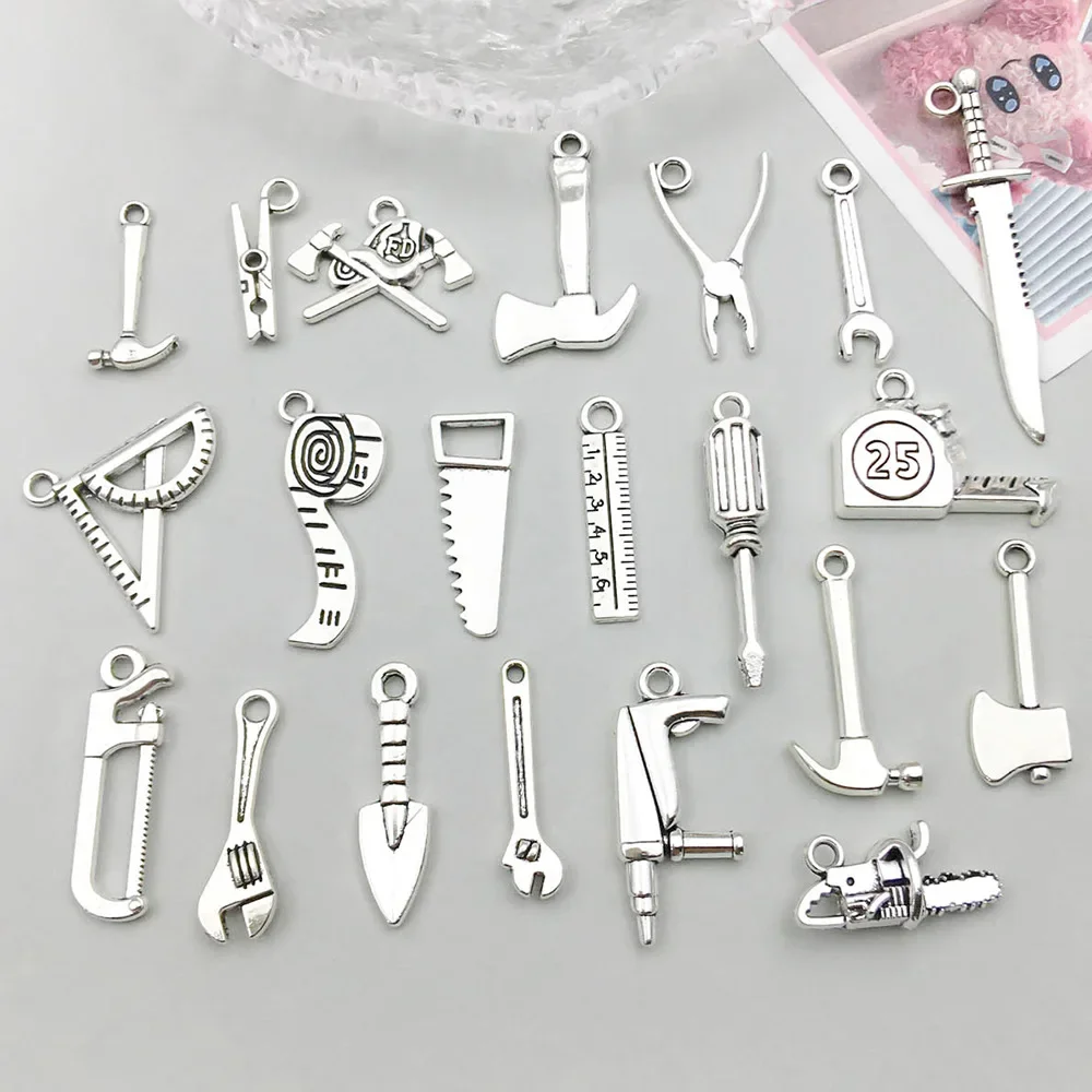 Mini Repair Tools Pendant Metal Wrench Pliers Hammer Scissors Charms for Keychain Earring DIY Jewelry Making Crafts