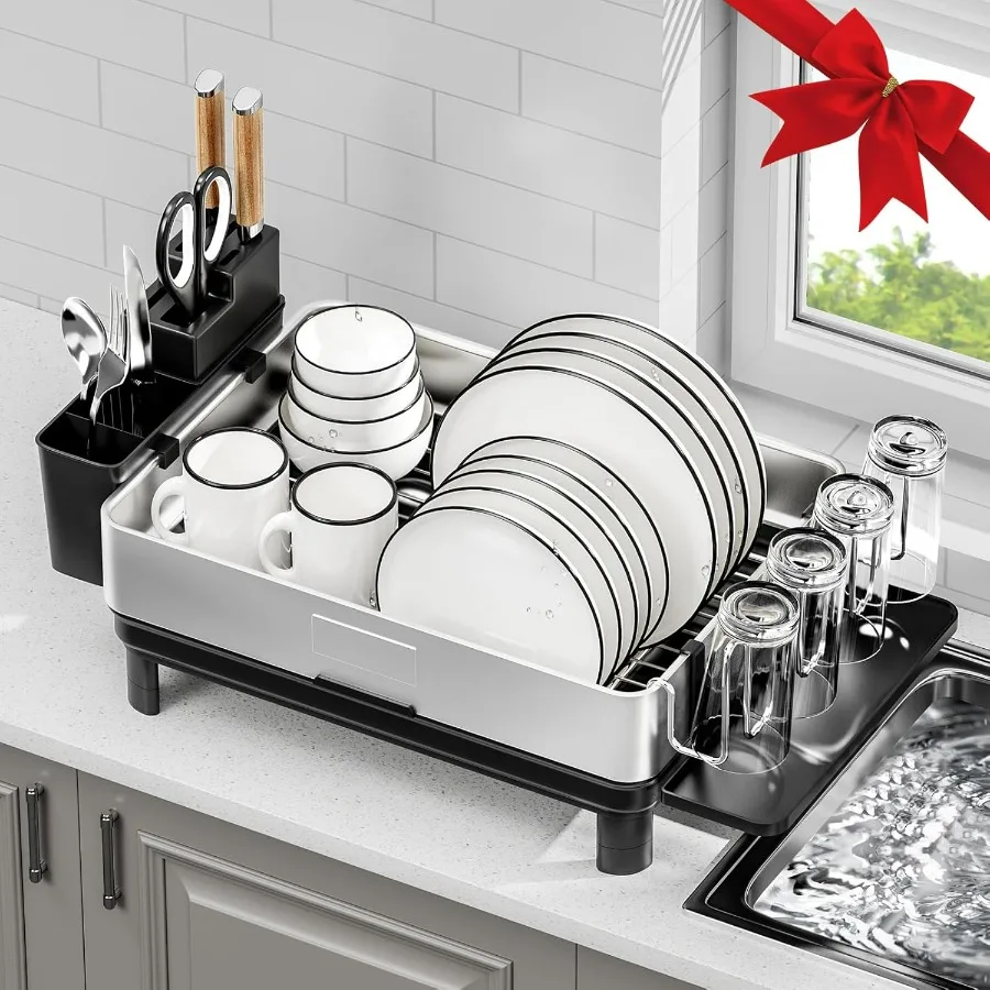 رف تجفيف الأطباق، 304 رفوف أطباق من الفولاذ المقاوم للصدأ لطاولة المطبخ، مصارف أطباق مع تصريف تلقائي، حامل أواني وغیرہ #1