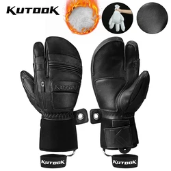 Kutook luvas de esqui de couro de cabra luvas à prova dwaterproof água engrossar inverno neve snowboard luvas térmicas quentes de esqui para homem