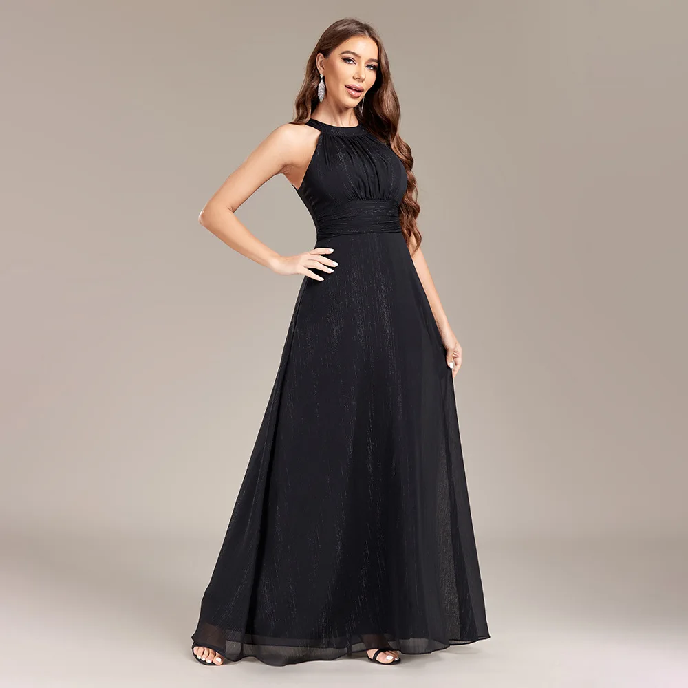 Women\'s New Backless Pleated Waist Party Dress Back Zipper Black A-Line Fully Lined Evening Gown Wedding Bridesmaid Dress Gown