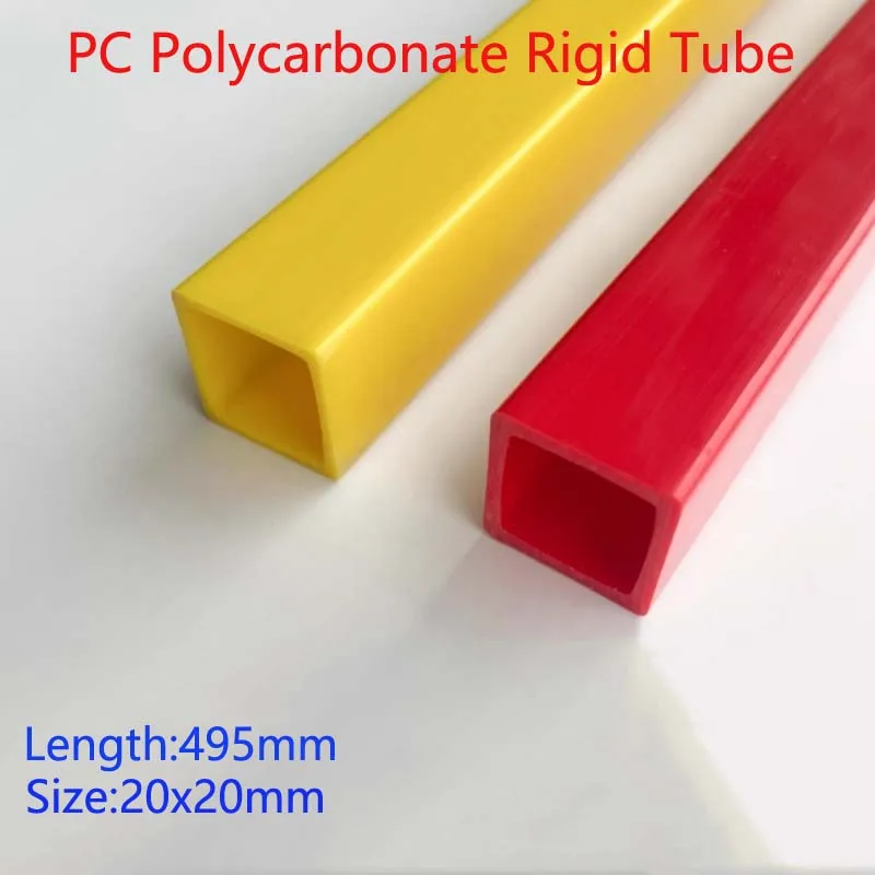 2Pcs Length 495mm Yellow & Red PC Polycarbonate Rigid Tube - Plastic Square Tube Square Bar & Hollow Plastic Pipe Size 20x20mm