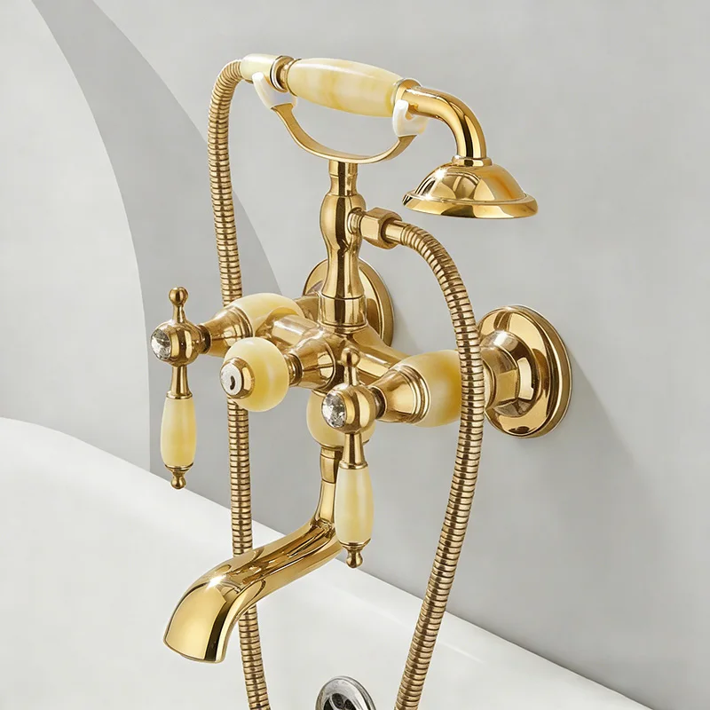 Wall Mounted Gold Bath Shower Faucet Bathtub Faucet With Hand Shower Jade Handle Dual Handle Hot and Cold Water Mixer ML3321