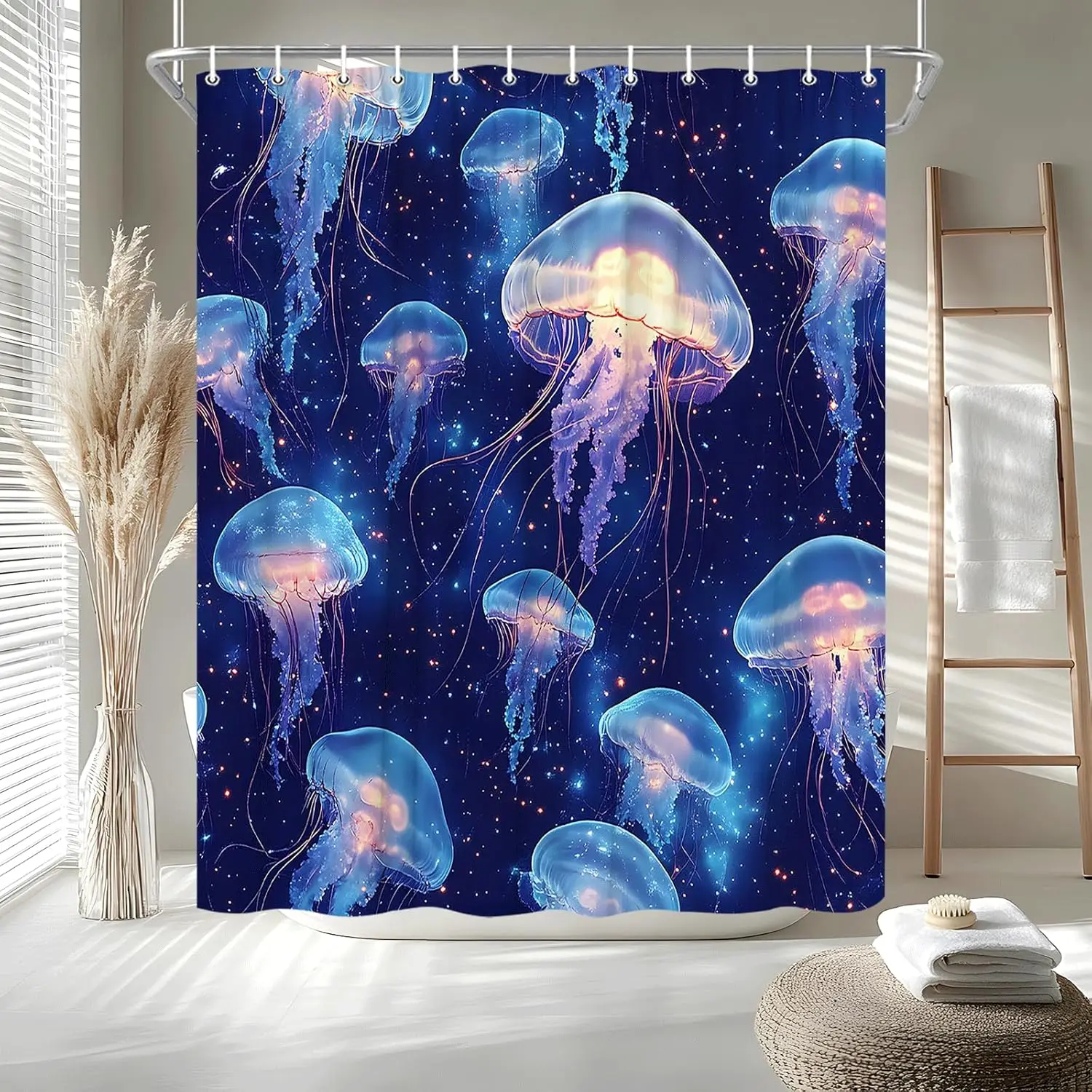 

Занавеска для душа в виде медузы, подводный мир, морская жизнь, мечтательная синяя морская занавеска для ванной, аксессуары для ванной комнаты, декор с крючками