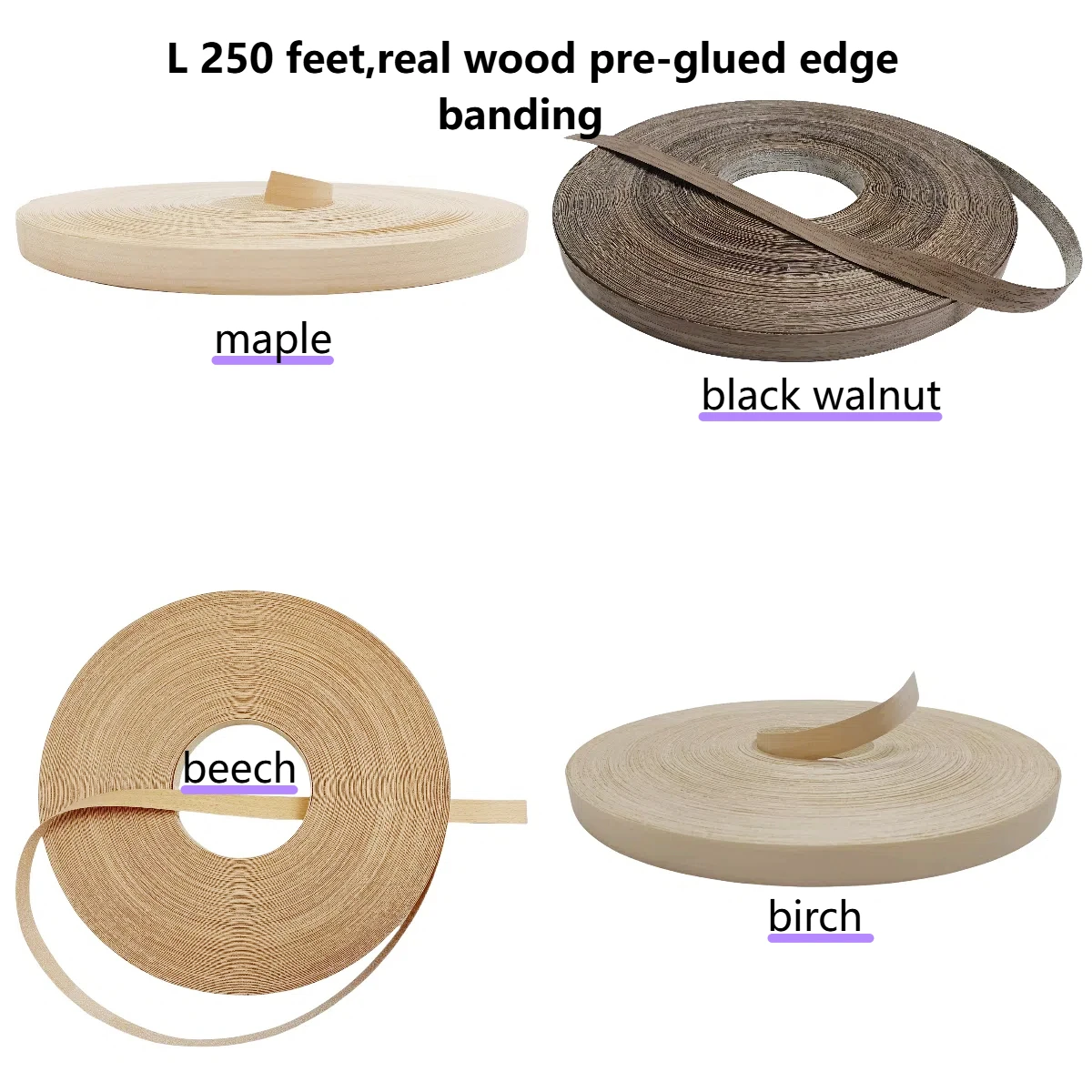 250 Feet Pre-glued Black Walnut/Birch/Maple/Beech Wood Veneer Edge Banding Tape,Iron on Hot Melt Adhesive Roll Edging For Home