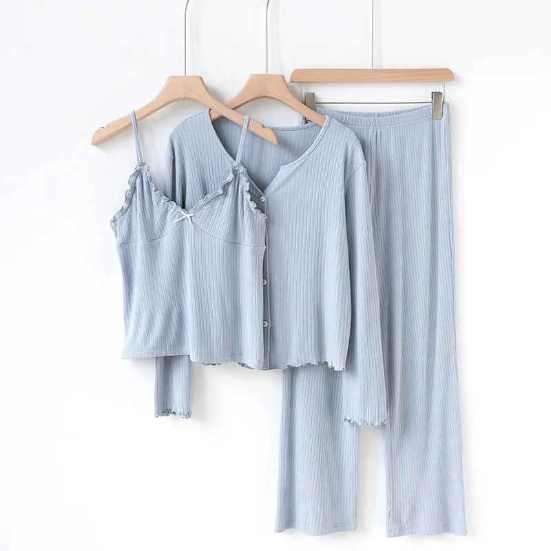 2026 Spring and Autumn Pajamas V-neck Suspender Three-piece Set Women's Cardigan Jacket Can Be Worn Outside Women's Pajamas