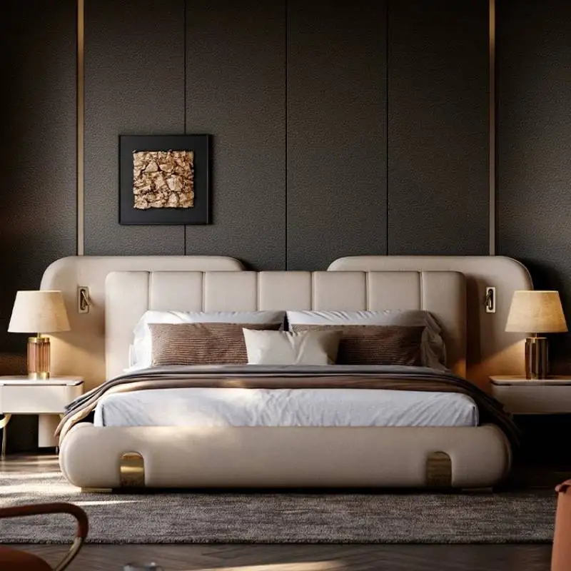 European Beige Double Bed Nordic Normal Designs Girl Lounge Luxury Double Bed 180x200 Princess Letto Matrimoniale Furniture Home