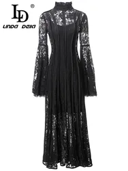 LD LINDA DELLA Italian Luxury Vintage Dress Women's Black Suspender Embossed hollow Striped Slim Fit Lace Travel Dress