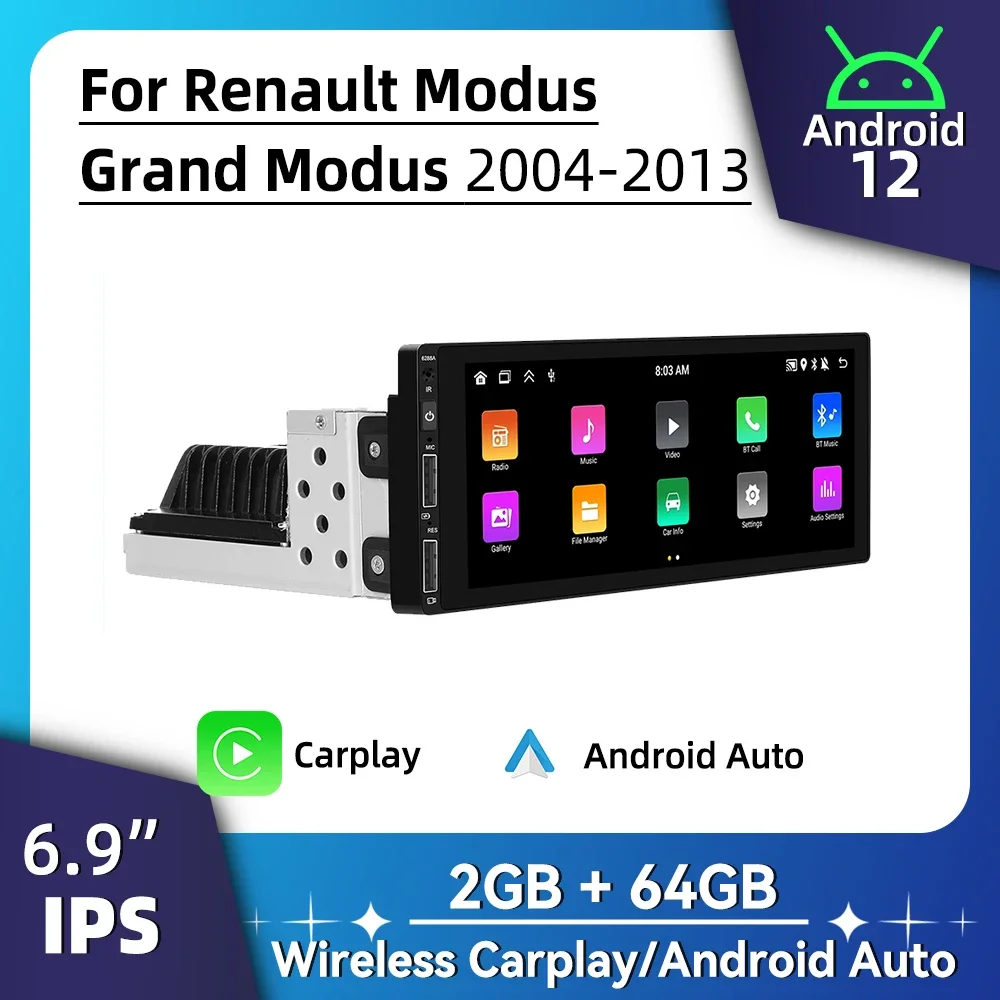 

Радио Android для Renault Modus Grand Modus 2004-2013, автомобильное мультимедиа, 6,9 дюйма, Android, авто стерео, 1 Din, головное устройство, Carplay, авторадио