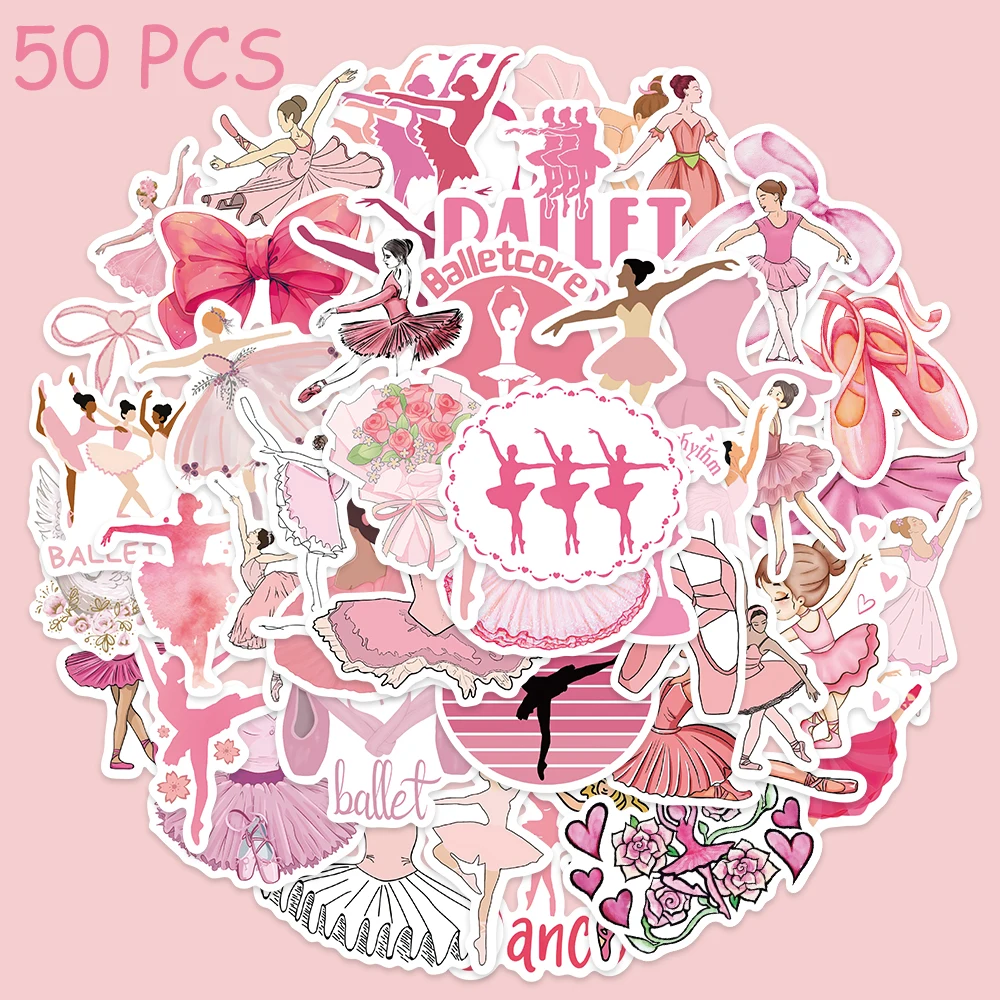 

50pcs Ballet Stickers Pink Maidenly Cartoon Graffiti Aesthetic Decals For Laptop Luggage Skateboard Guitar Waterproof Stickers