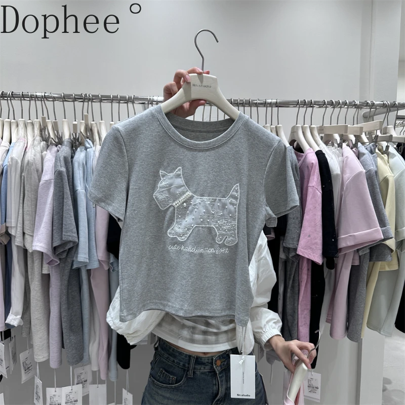 

2025 New Summer Women Short Sleeve T-shirt High Waist Spice Girls Crop Top Elegant Beads Embroidery Lace Slimming Cotton T Shirt