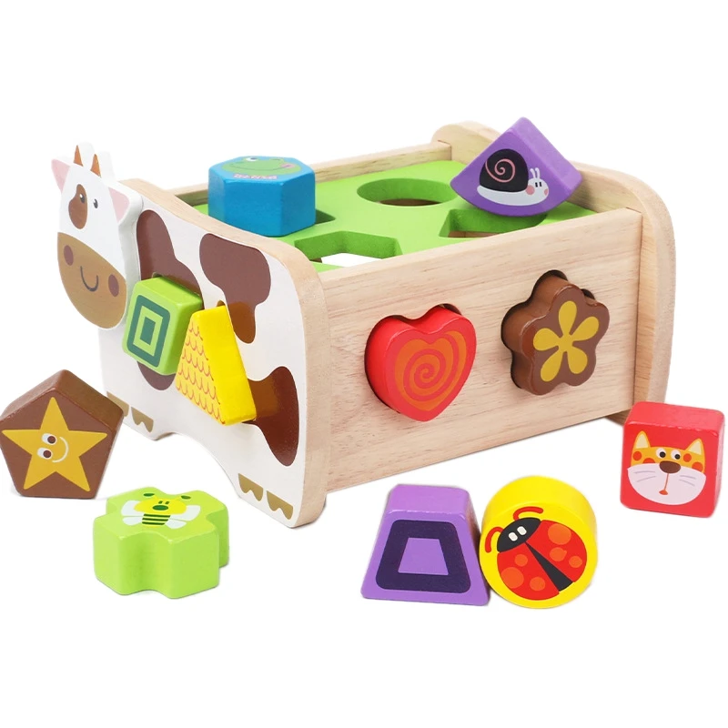 HOT-Wooden 12 Geometric Animal Blocks Matching Sorting Puzzle Game Color Shape Recognition Educational Toys For Kids