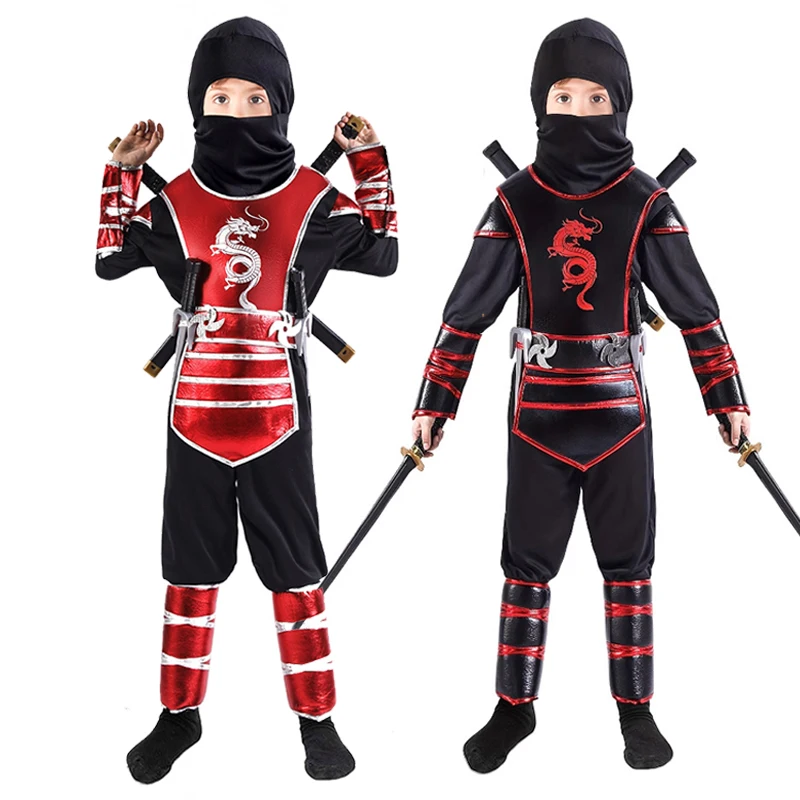 2025 New Boy Kung Fu Outfit Black Dragon Warrior Ninja Halloween Fancy Dress Up Red Kids Samurai Ninja Costume With Weapons Kit