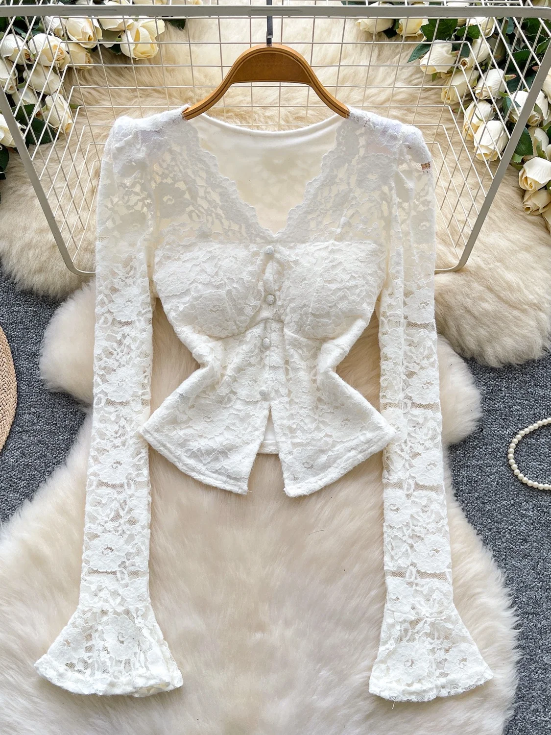 

Женский облегающий топ Lace Floed irt V-Ne Bell Sve irt с нагрудником, осенне-зимний топ Faion Ele