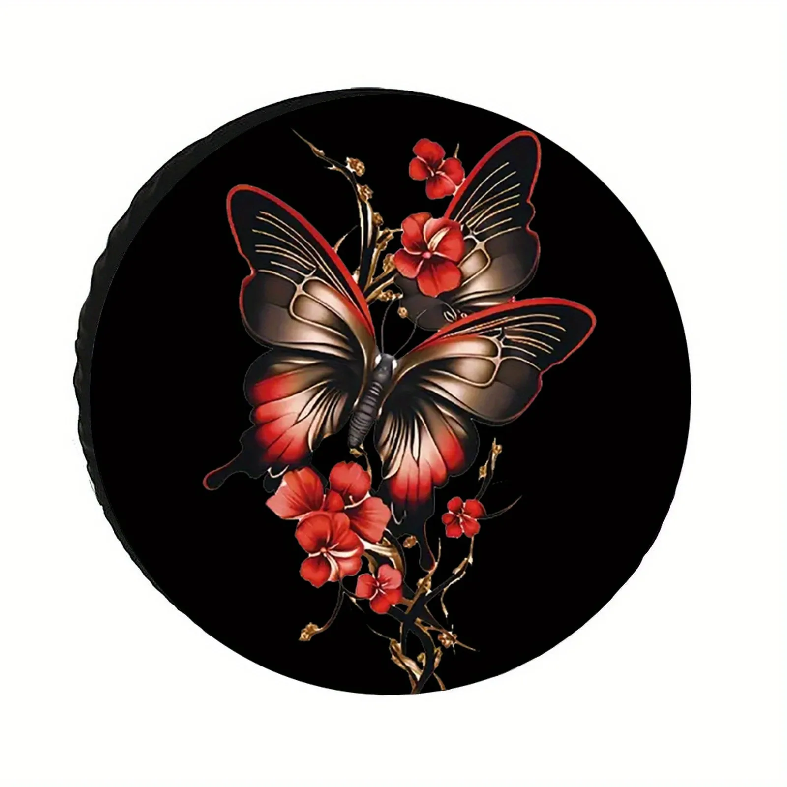 

Black Butterfly And Red Flower Spare Tire Cover Durable Polyester Protector For RVs SUVs And Trailers