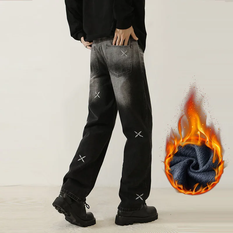 Winterfleece vintage herenjeans gewassen zwart blauw geborduurde dikke broek losse Amerikaanse retro rechte pijpen trend denim broek