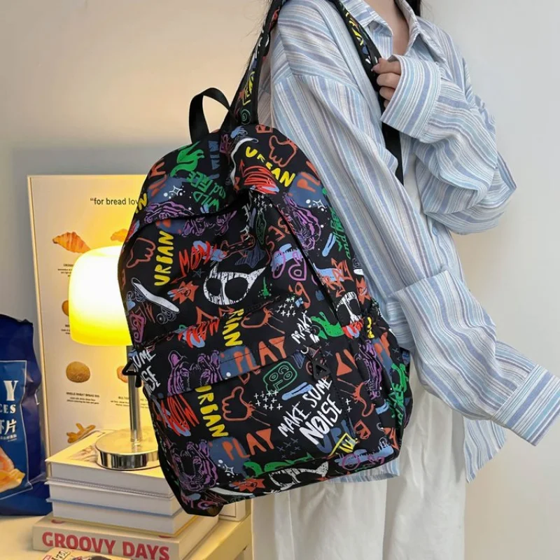 Backpack2025Summer One Size Zipper Nylon Fabric Colorful Letter Graffiti Trendy Hip Hop Casual Backpack