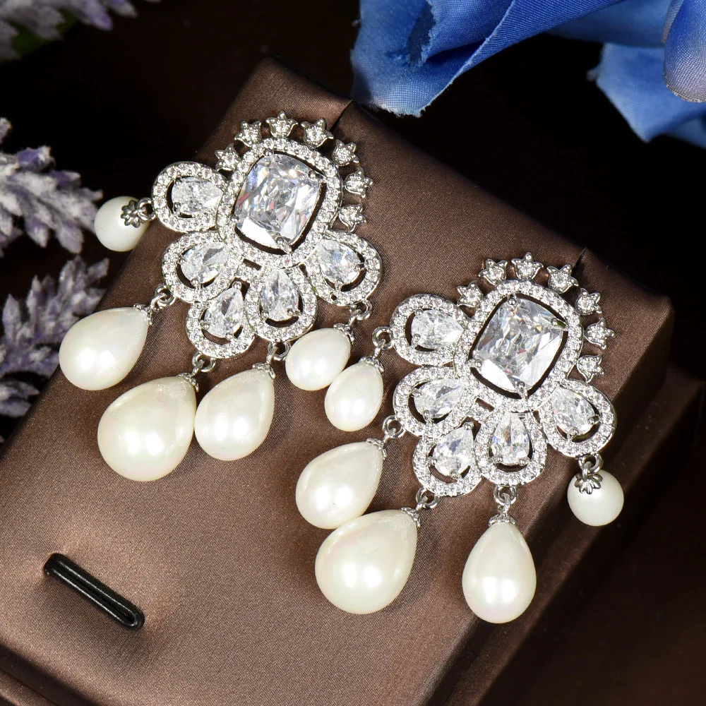 HIBRIDE Micro Pave Cubic Zirconia Stones Geometric Big White Gold Plated Pearl Cluster Drop Earrings For Women Jewelry E-397