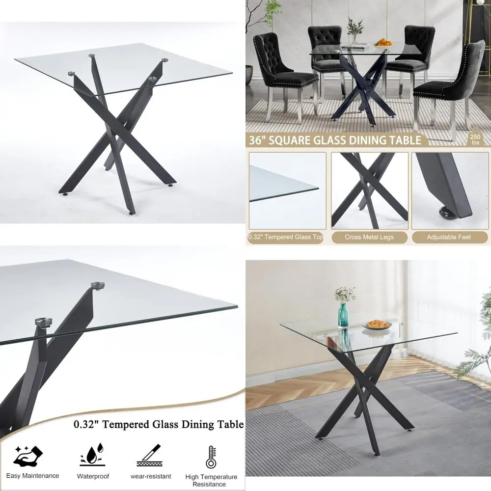 طاولة طعام زجاجية حديثة تتسع لـ 4 مقاعد مع أرجل معدنية سوداء أنيقة، وطاولة مطبخ صغيرة معاصرة للمساحات المدمجة #1