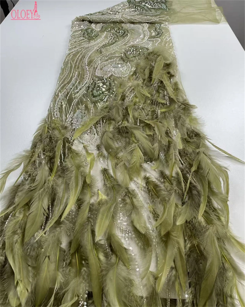 OLOEY, tela de encaje pesado francés africano con plumas 3D de lujo, cuentas de lentejuelas de alta calidad, tela de encaje nigeriano para vestidos de novia