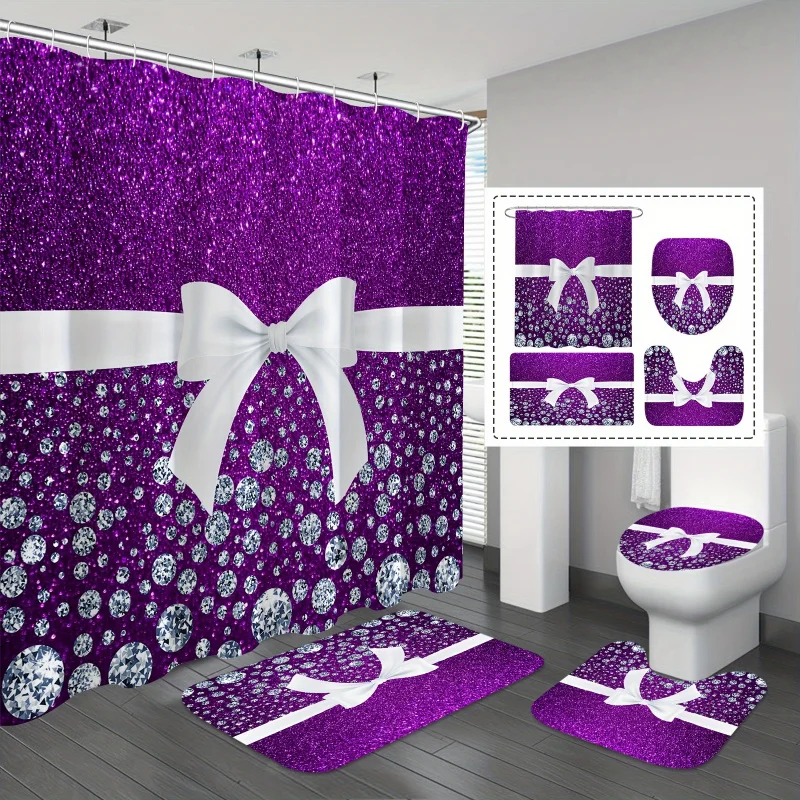 1/4PCs luxury purple set, white diamonds shower curtain with 12 hooks, non-slip bathroom rug, toilet U-S