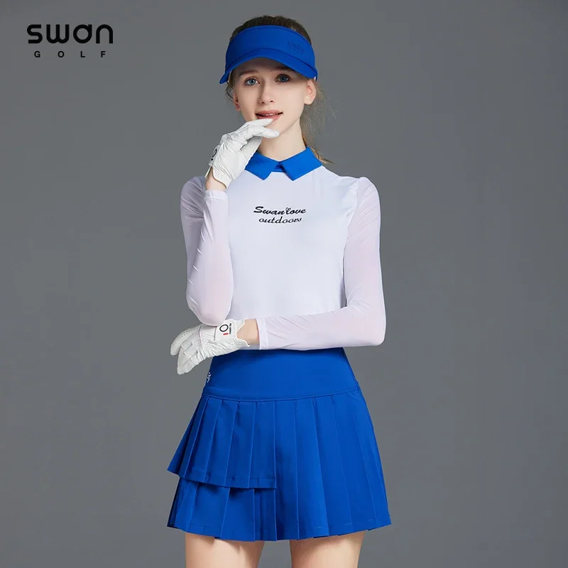 SG Summer Ice Silk Topy z długim rękawem Girl Cooling Sunscreen Golf T-shirt Korean Women Anti-light Skirt Pleated Golf Culotte Sets