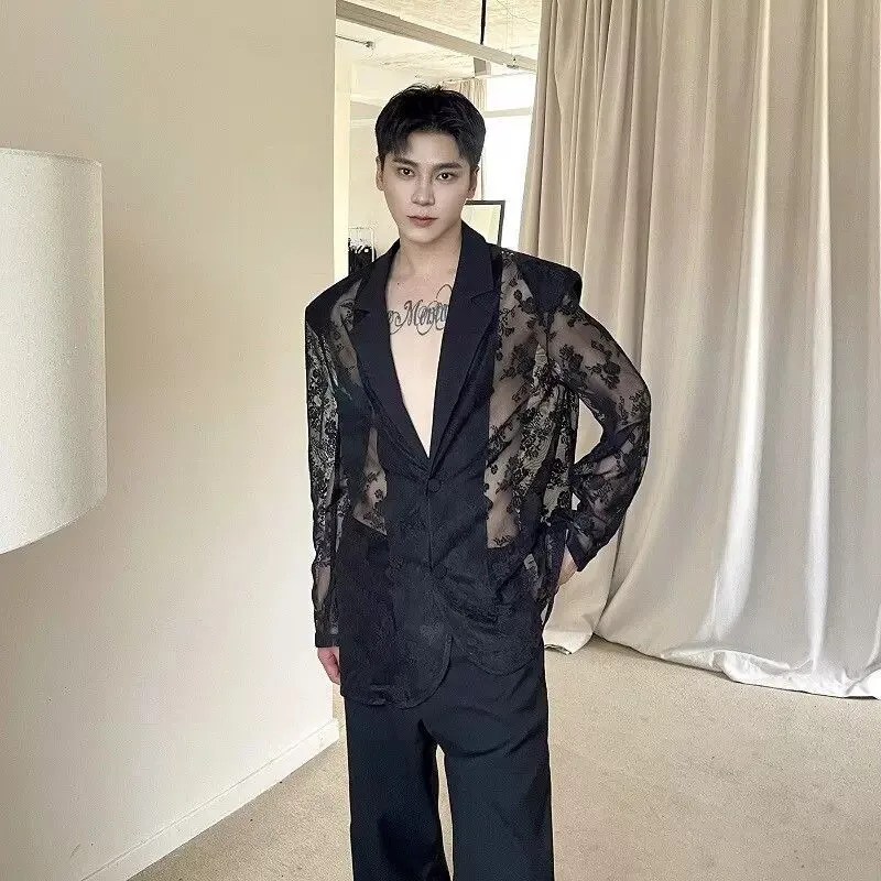 Perspective Mesh Jacquard Suit Jacket French Spring Summer Casual Fashion Sexy Personality Men's Black Deep V-neck Blazer
