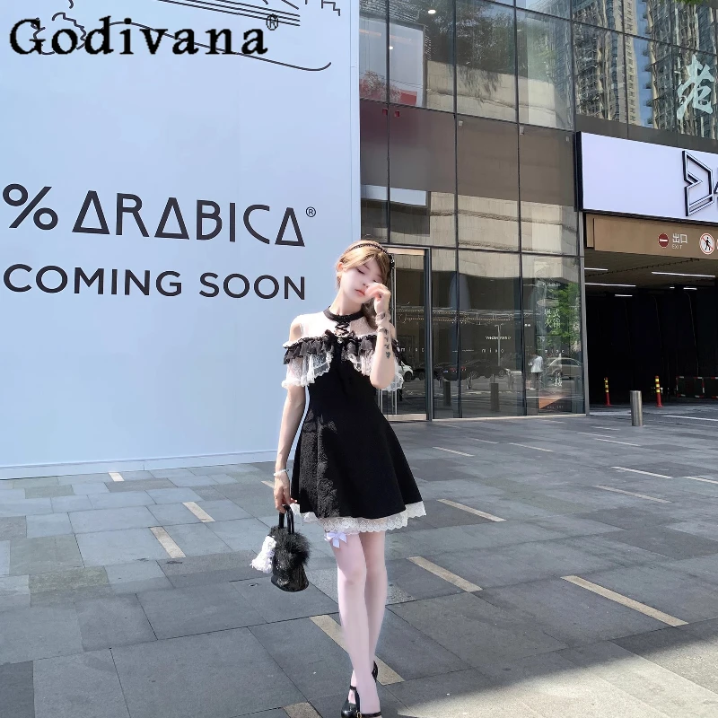 Vestido estilo lolita de renda preta transparente para mulheres verão estilo japonês vestido doce feminino cintura alta vestido curto de princesa