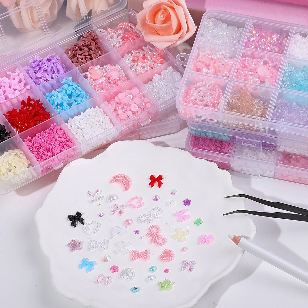 10000+Pcs 3D Kawaii Mini Flowers Nail Art Decorations Mixed Resin Bowknot Heart Pearl Nails Charm Design DlY Manicure Tool Parts