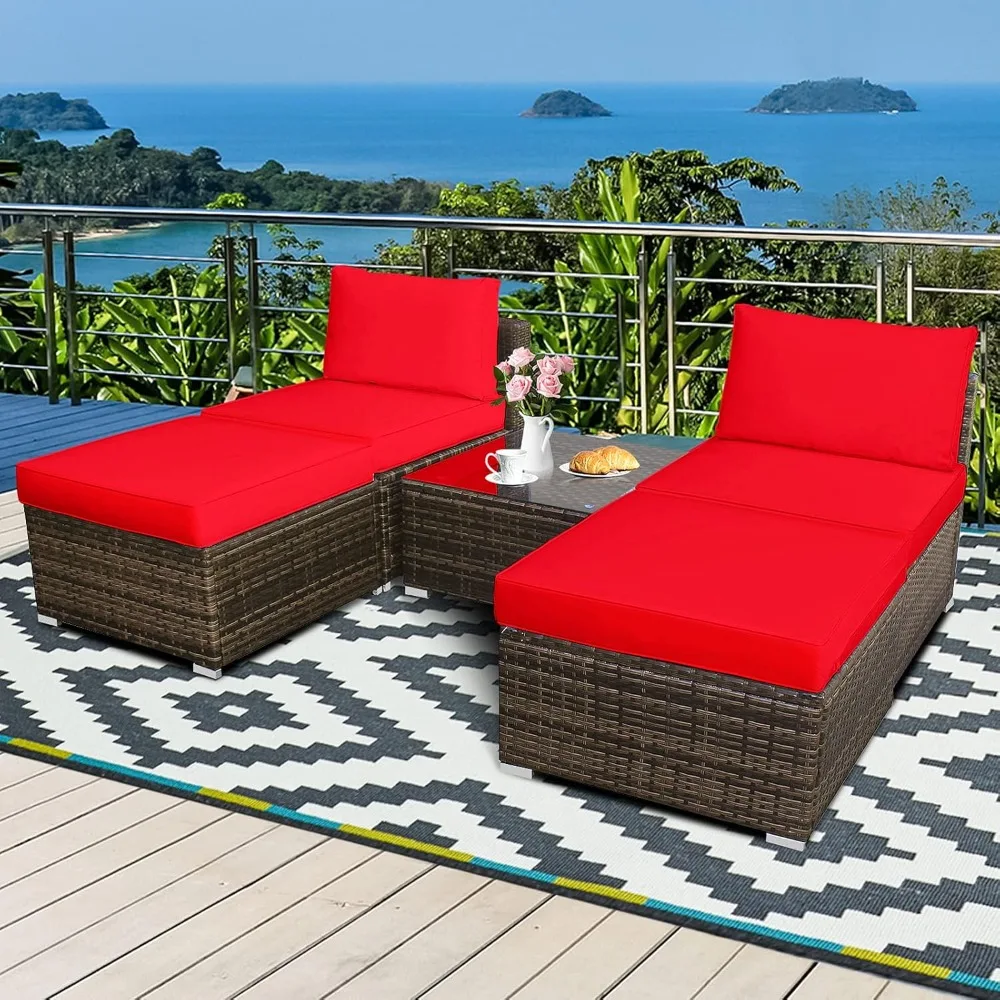 

5-Piece Chaise Lounge Set with Ottoman & Coffee Table Outdoor Rattan Wicker Lounge Chair Daybed Conversation Sofa Set with Cush